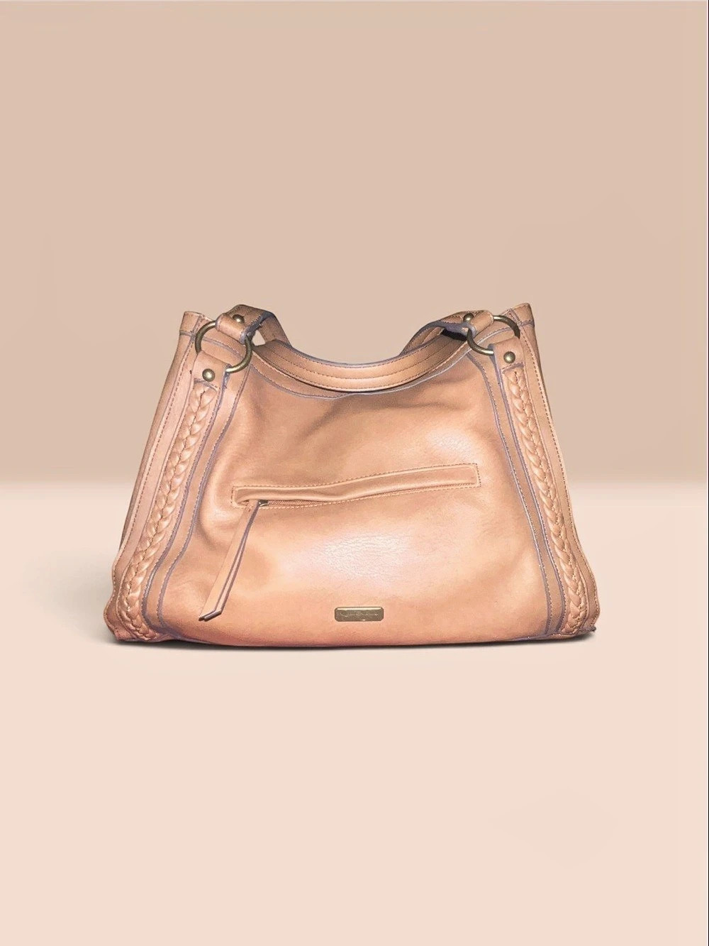 Jessica Simpson Peach Slouchy Hobo Shoulder Bag Braided Trim Pocket Handbag